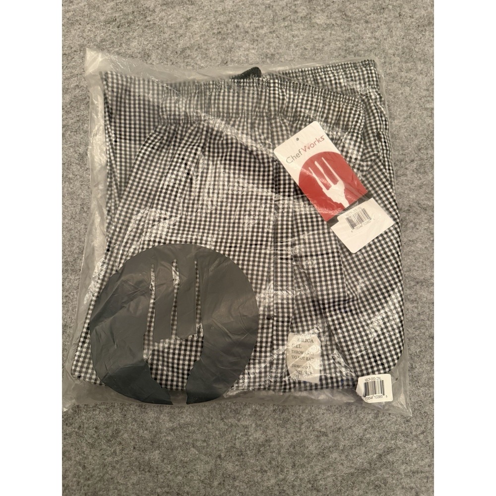 NWT Chef Works Baggy Pants Pockets Elastic Waist Drawstring Black White Checked